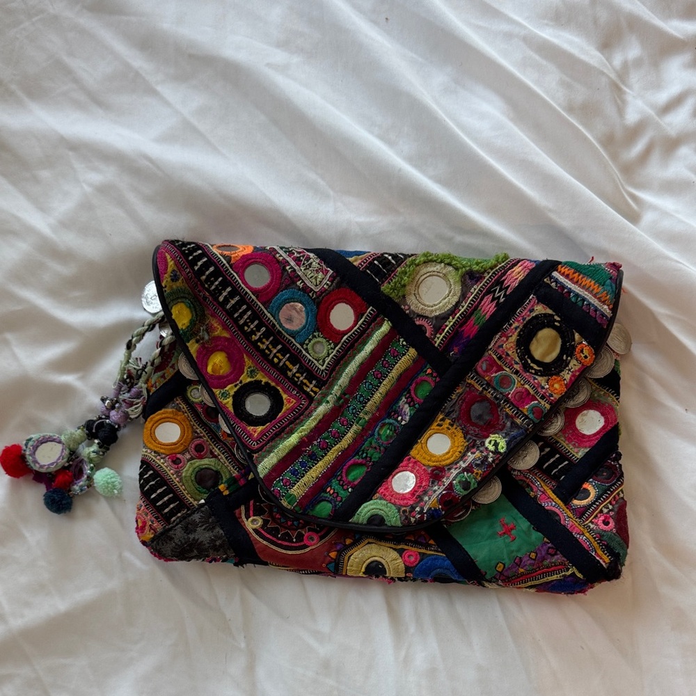 Tylie Malibu Multicolor Embroidered Boho Clutch with Pom-Pom Charm